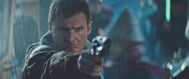 Harrison Ford as Rick Deckard, pointing a gun