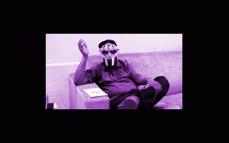 MF DOOM sitting on a couch (rendered in purple)