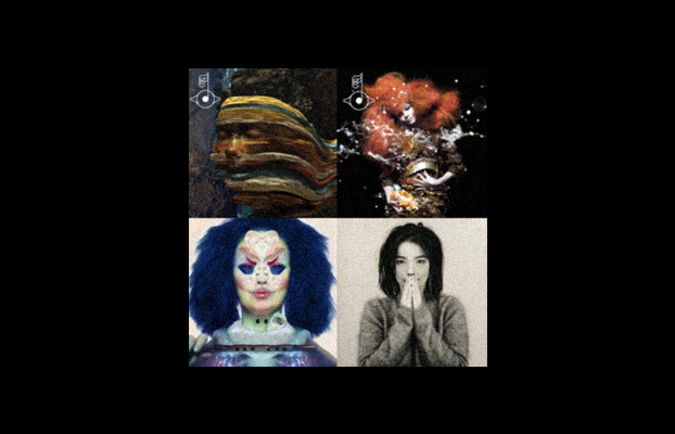 A picture of four album covers by Bjork, DJ Shadow, Deee-Lite, and The Chemical Brothers