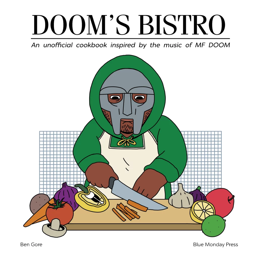 An illustration of MF DOOM cutting vegetables. He is wearing a green hoodie and wearing his trusty mask.